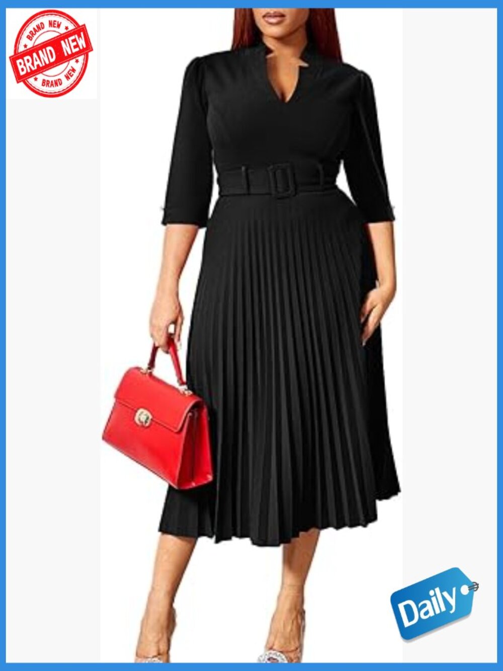 V-Neck Midi Dress with Belt 3/4 Sleeves Pleated